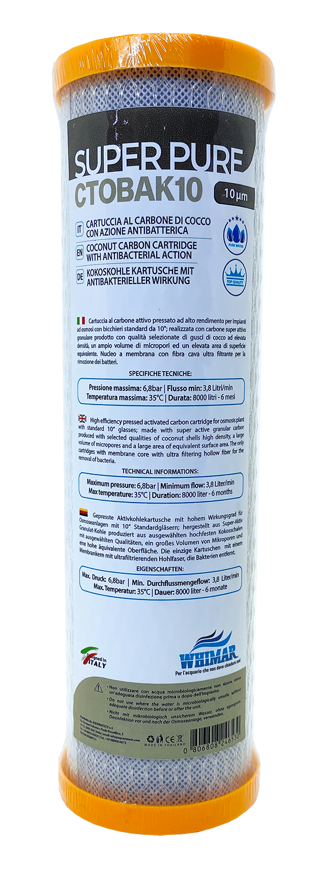 Whimar - SuperPure CTOBAK10 - Cartuccia Carbon Block 10um con nucleo ultra filtrante ad azione antibatterica