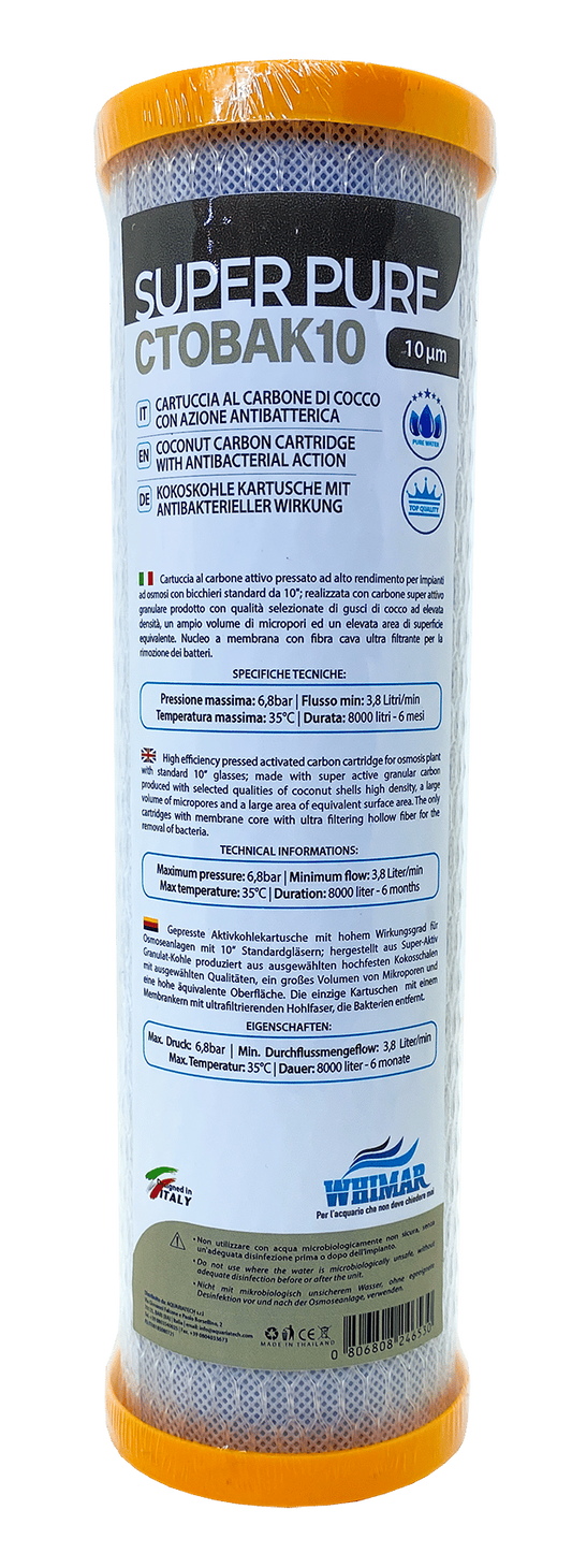 Whimar - SuperPure CTOBAK10 - Cartuccia Carbon Block 10um con nucleo ultra filtrante ad azione antibatterica