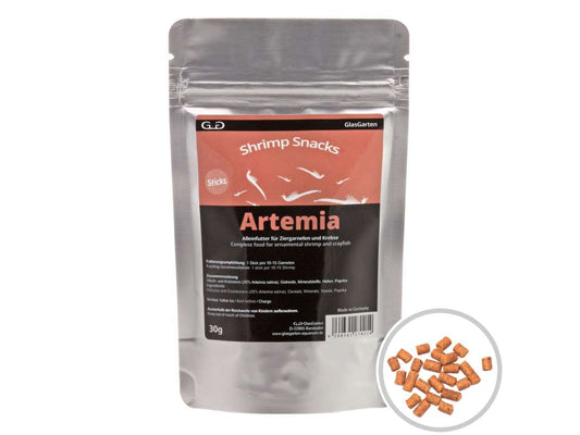 glasgarten artemia shrimp sticks. Venduto in Italia da Aquashrimp. Pellet color arancio tenue a base di artemia liofilizzata in confezione con salva freschezza da 30 g